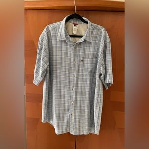 North Face light blue and white checked shirt.